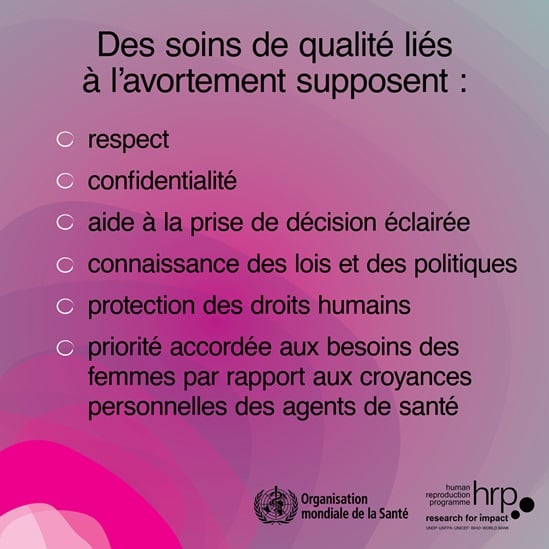 Infographie : Des soins de qualité liés à l'avortement supposent : respect, confidentialité, soutien à une prise de décision en connaissance de cause, connaissance des lois et des politiques, protection des droits humains